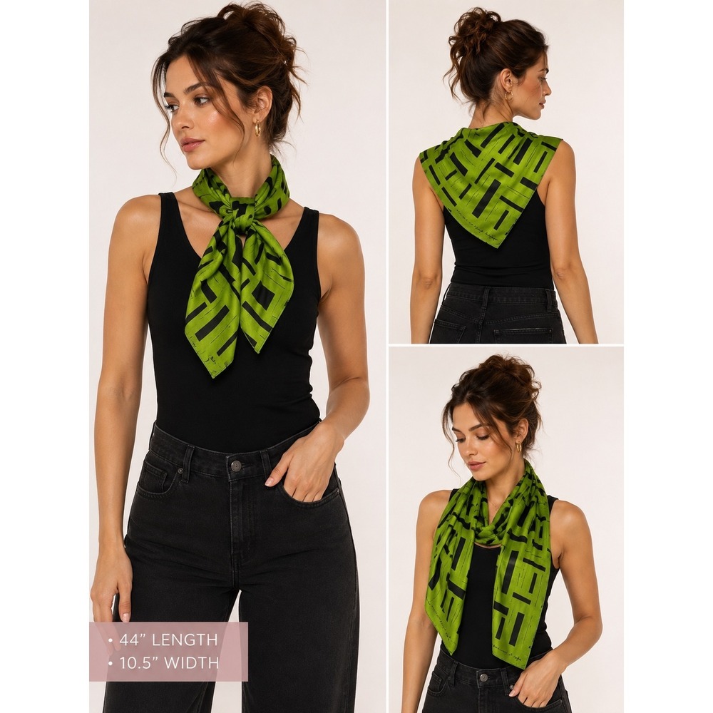 VTG Bill Parke Signed Scarf Lime Green Black Geometric Abstract Wearable Art